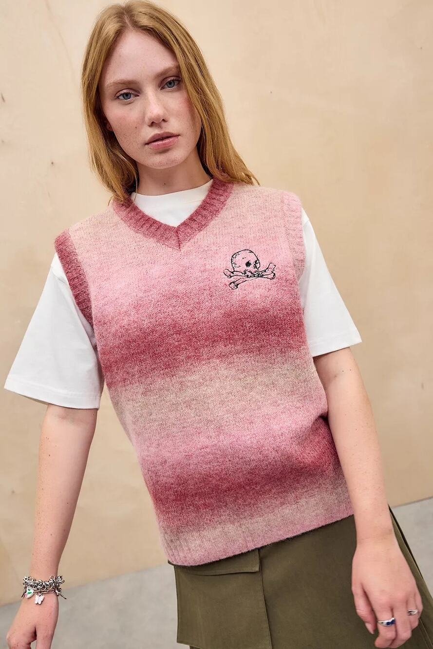 The Ragged Priest Club Knit Space Dye Ombre Skull Vest S Pink Oversized NWT